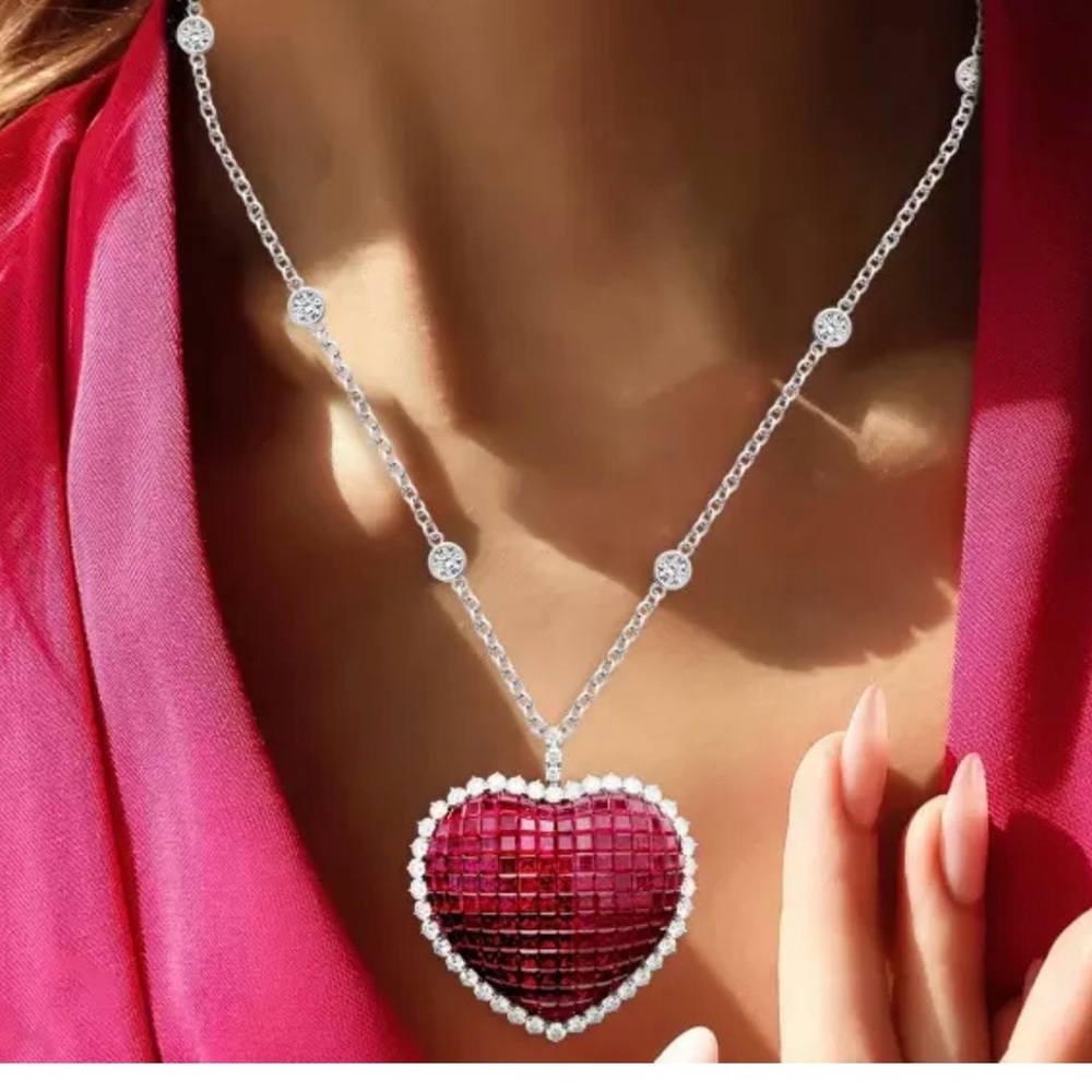 Invisible Setting Emerald Cut Ruby Pendant Necklace